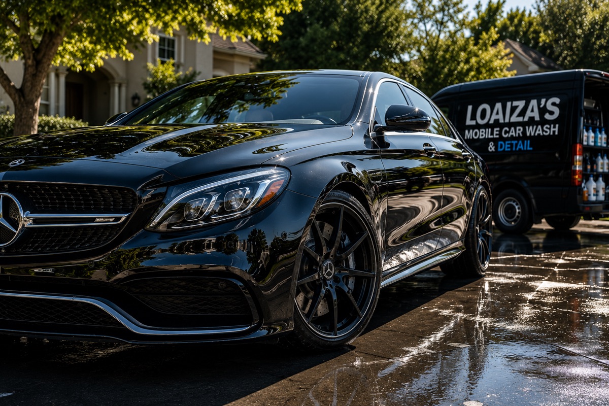 Mercedes-Benz preto recém-detalhado em uma entrada molhada após um detalhamento a domicílio em Marin County