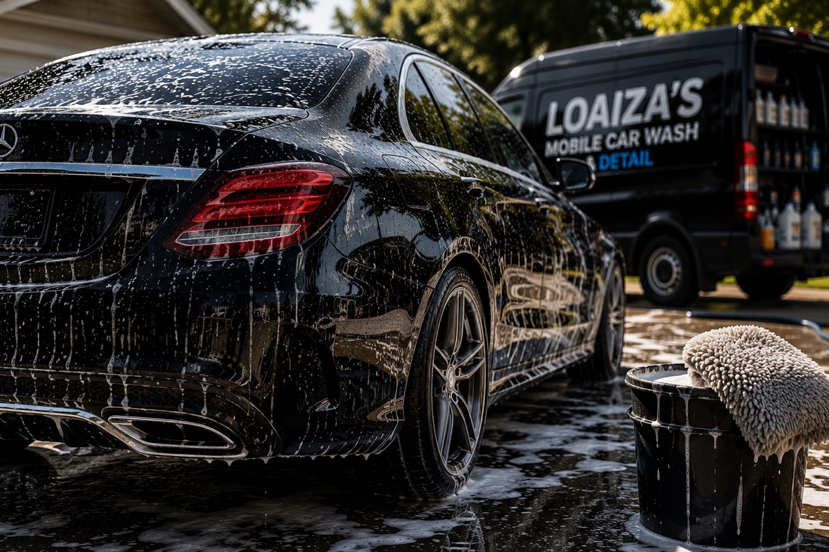 Mercedes-Benz preto sendo lavado ao ar livre com espuma, com um caminhão de lavagem móvel da Loaiza's ao fundo