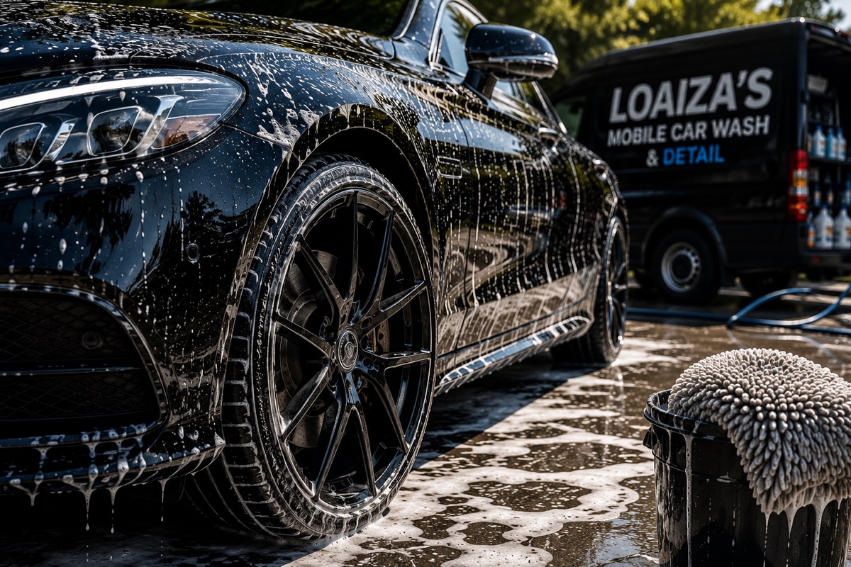 Carro de luxo preto coberto de espuma durante uma lavagem a domicílio em Marin County